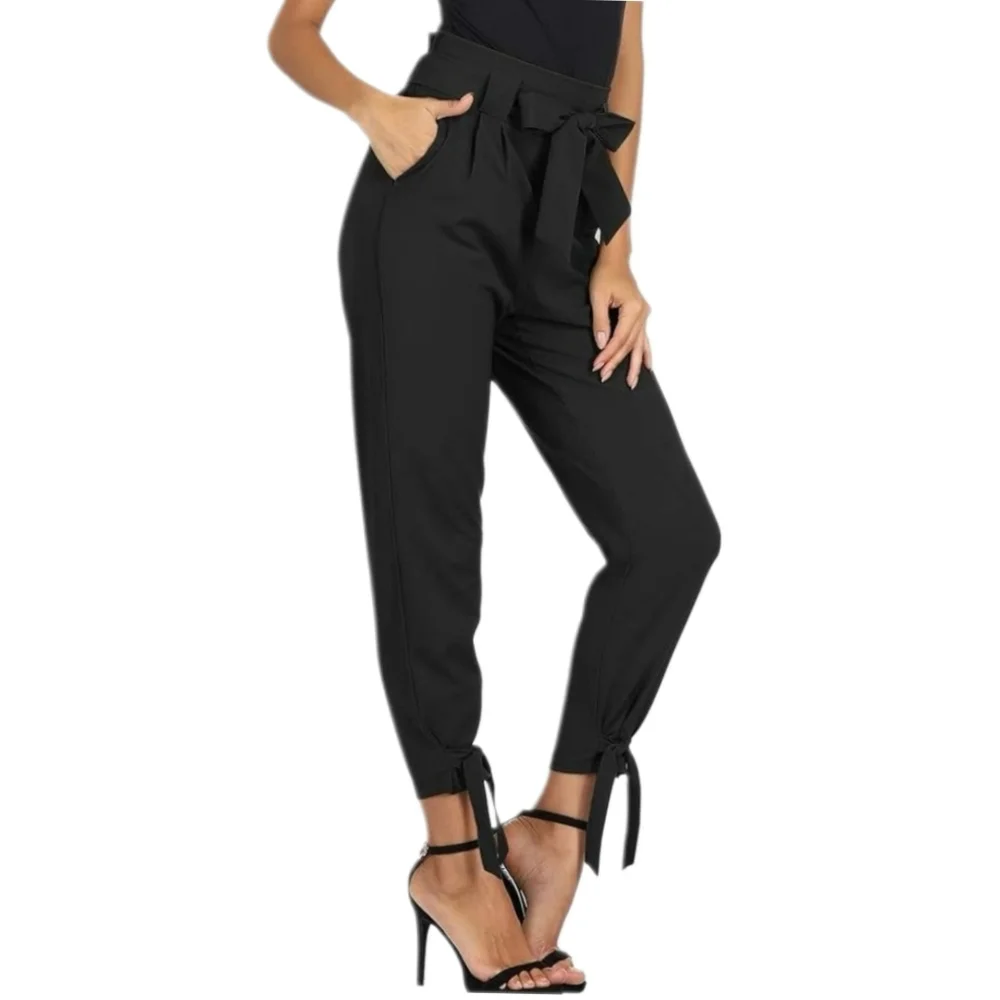 Grace Karin Women's Casual Pants Solid High Waist Black Tie-Waist Pants, Size L - Picture 1 of 3